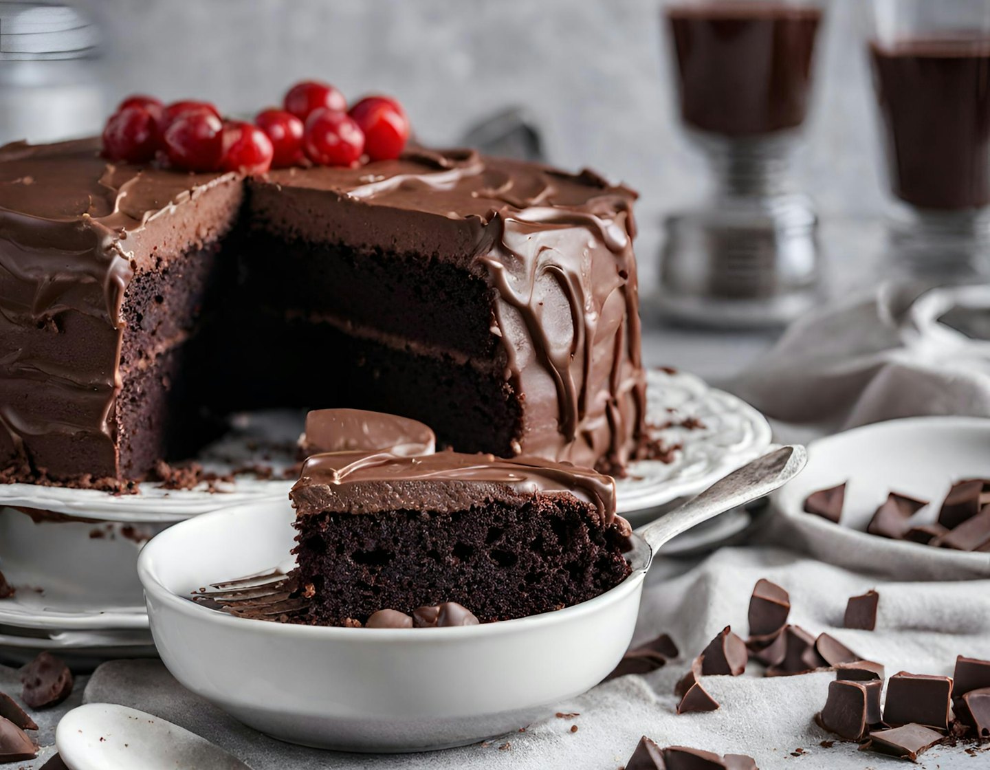 A slice of layered chocolate cake with cherries on a plate.